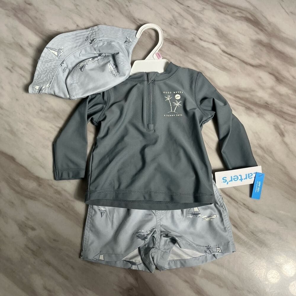 Baby 3-Piece Long-Sleeve Rashguard, Swim Trunk & Swim Hat Set - Grey/Blue