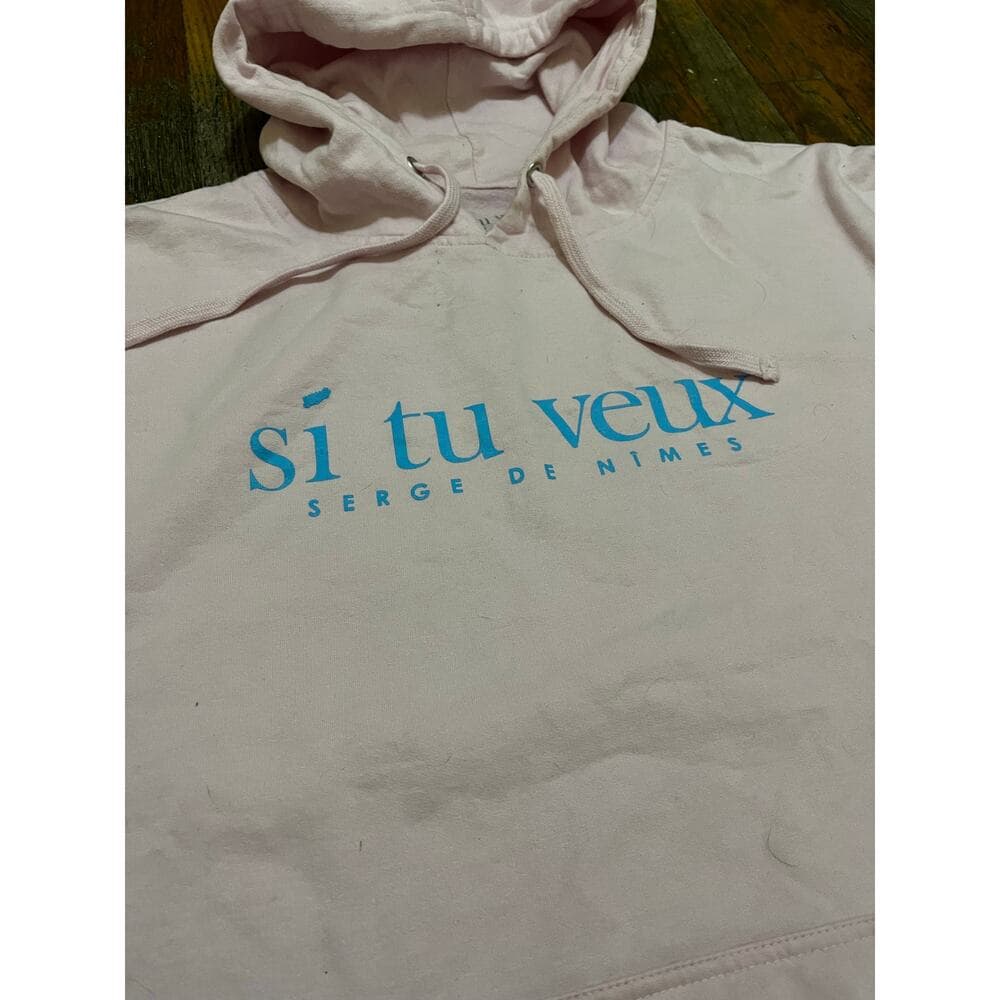 Pink Men’s Si Tu Veux Hoodie With Baby Blue Words Size 2XL