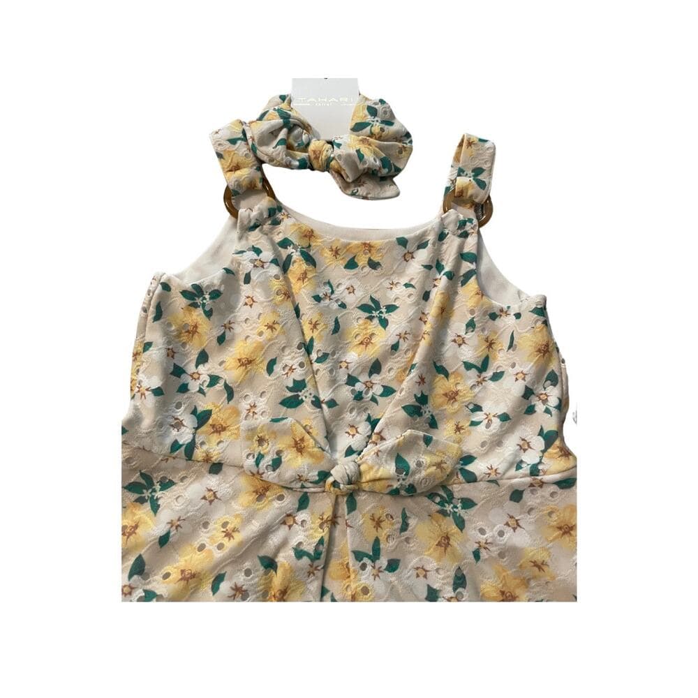 Tahari Girls 5 Yellow, Green & Beige Floral Sleeveless Eyelet Dress & Headband