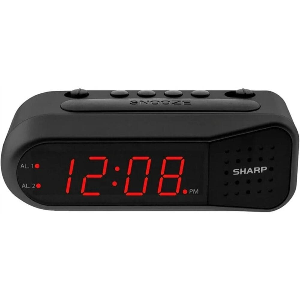 Sharp Digital Alarm Clock Black Case Red Display Ascending Alarm