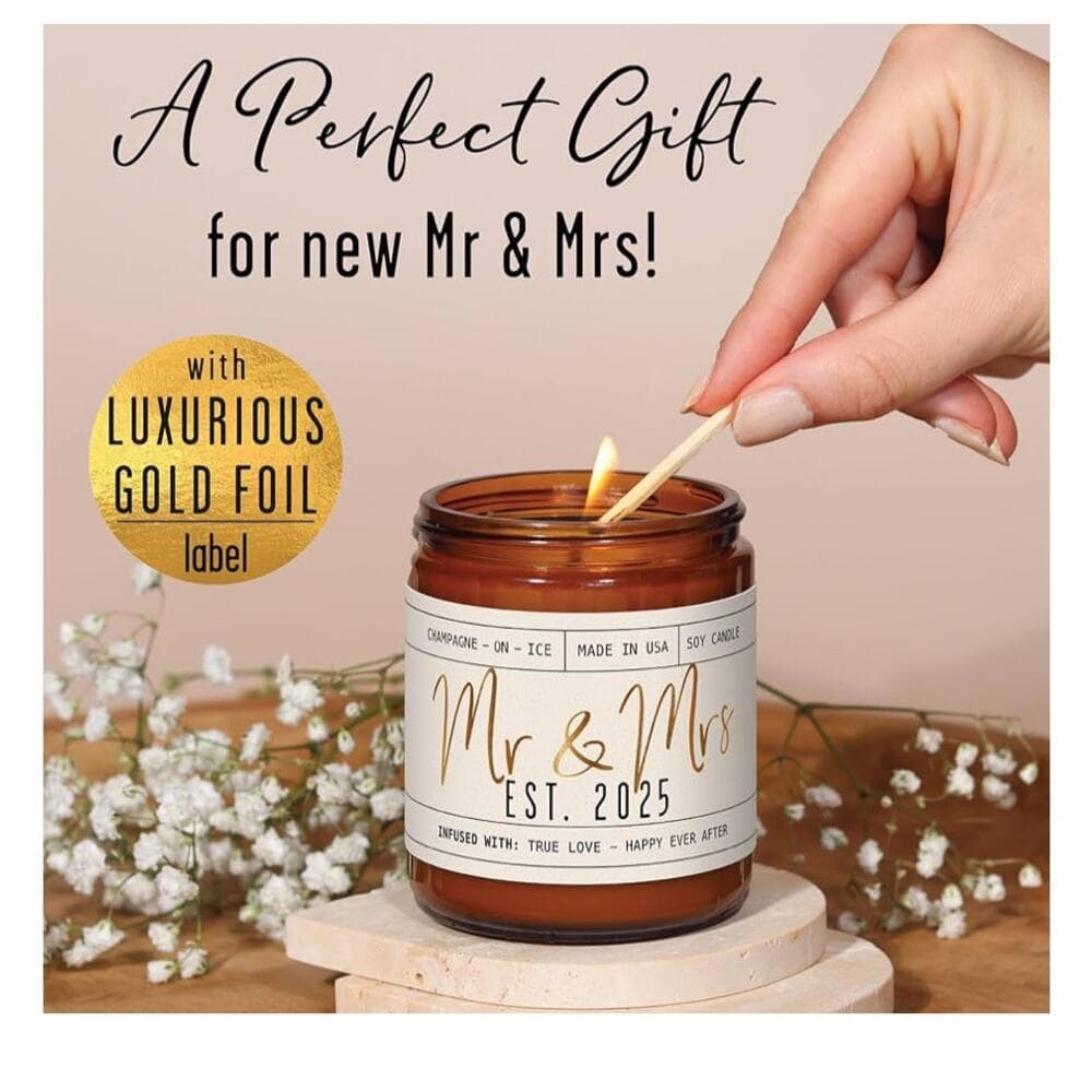 Wedding Gifts - 'Mr & Mrs Est. 2025 Candle, w/Champagne on Ice