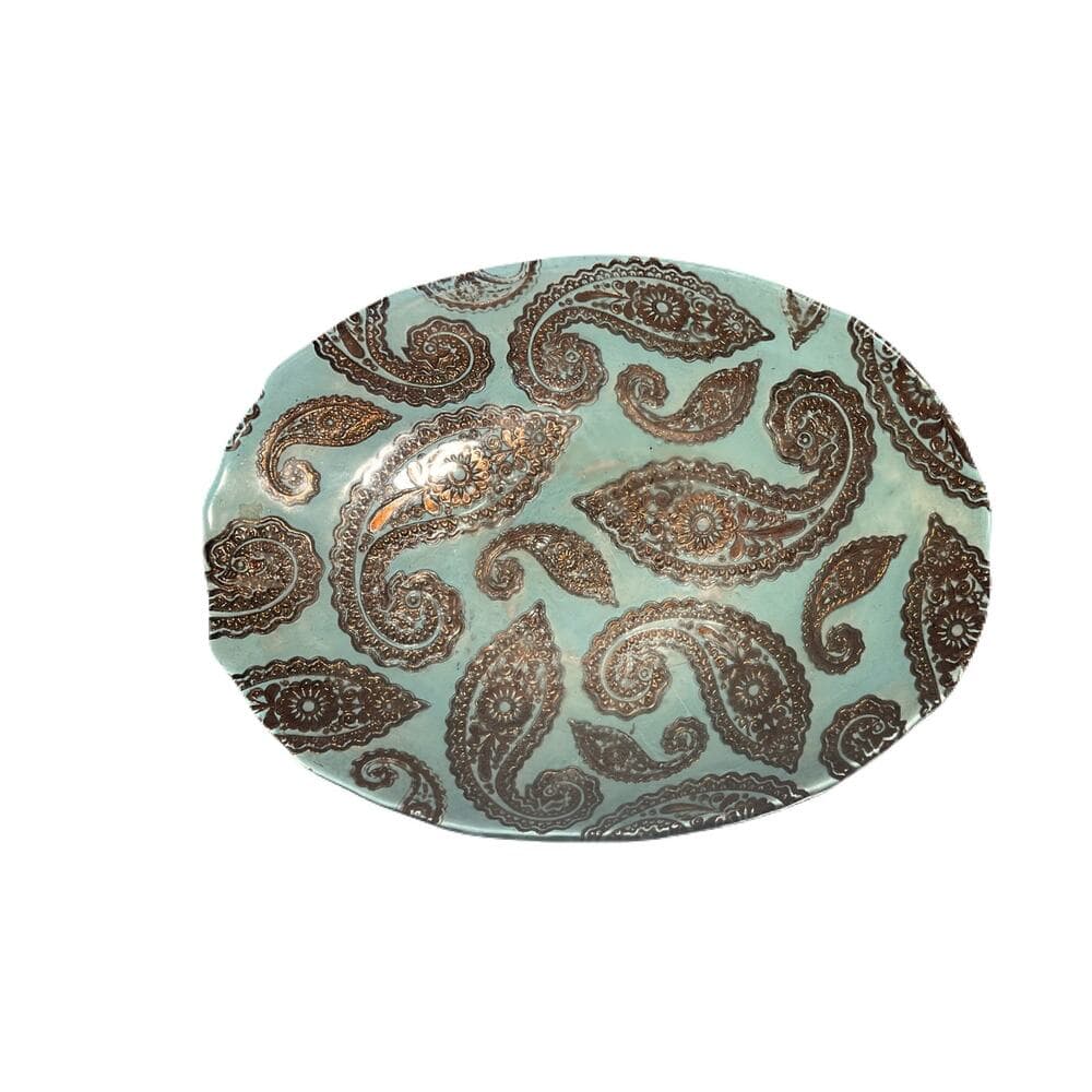 Green & Gold Glass fruit bowl 14” L 10”W 3” H