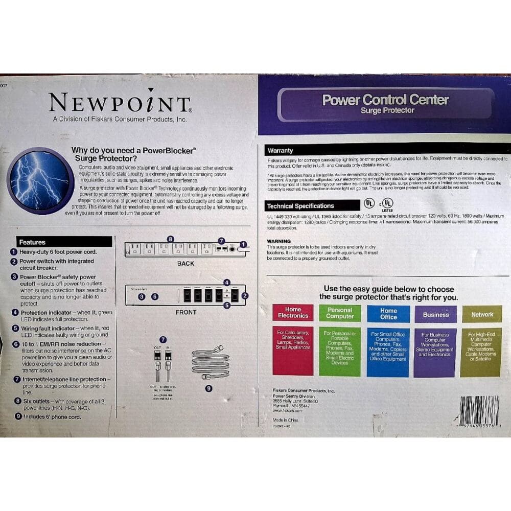 New In Box-Newpoint 1280 Joules Power Control Center / Surge Protector #01007