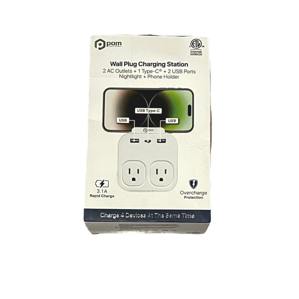 Pom Wall Plug Charging Station 2 AC Outlets + 1 Type C + 2 USB Ports Nightlight