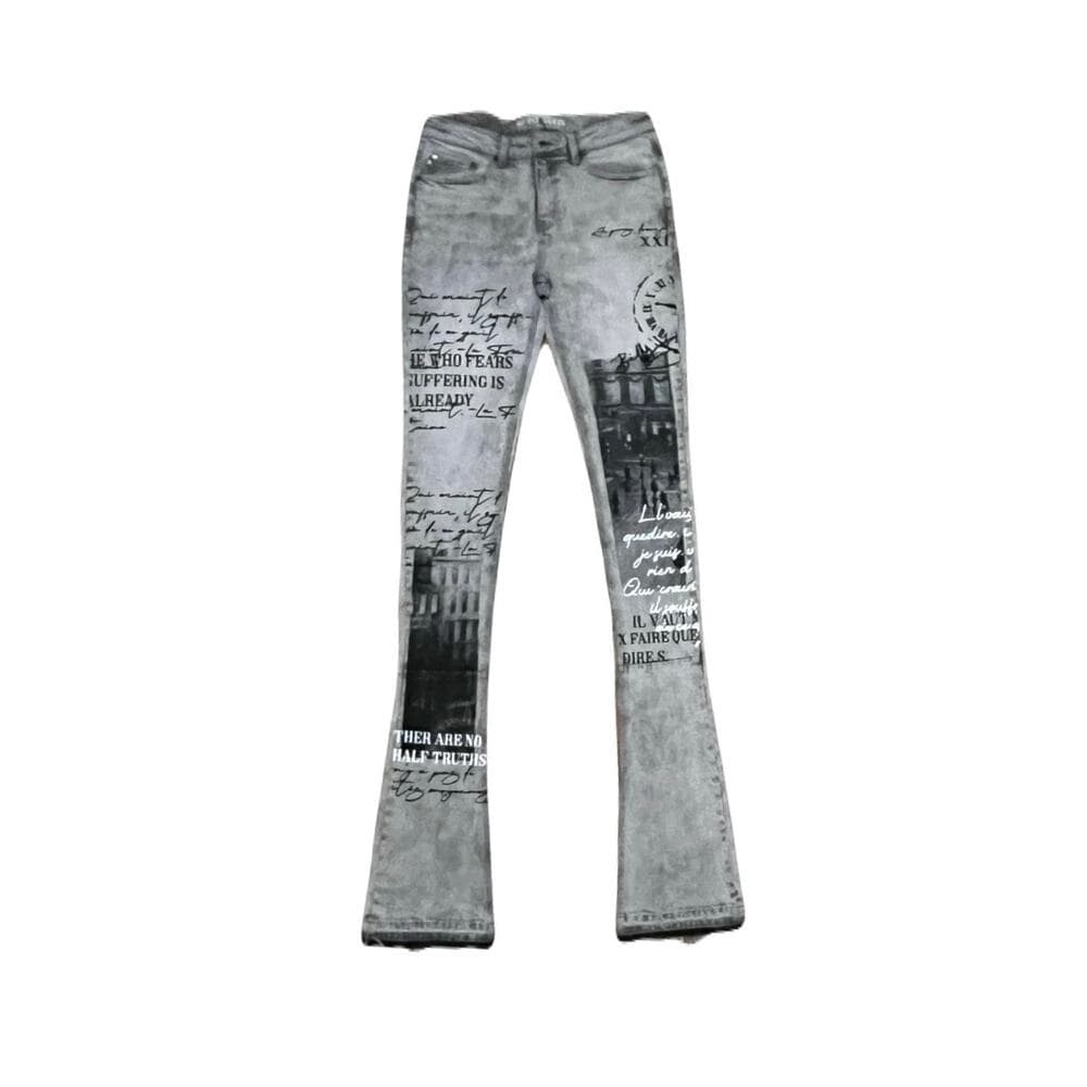 Si Tu Veux Gray Superstack Jean’s Size 32 With black design on the legs