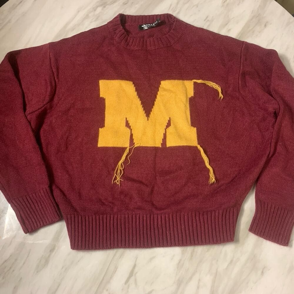 Mennace varsity knitted sweater in burgundy with rust embroidery Size X Small