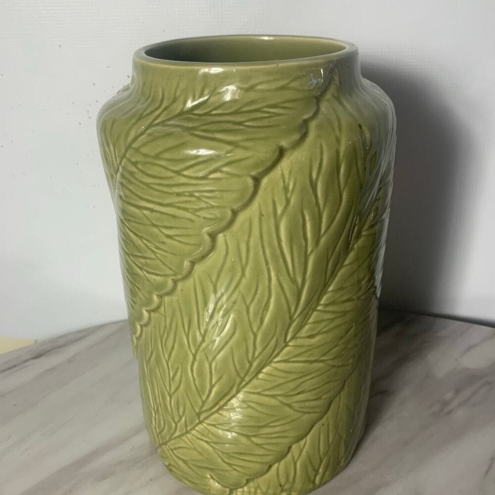 Pier 1 3D Textured Embossed Ceramic Canister Jar Lettuce Leaf Wood Lid 13"