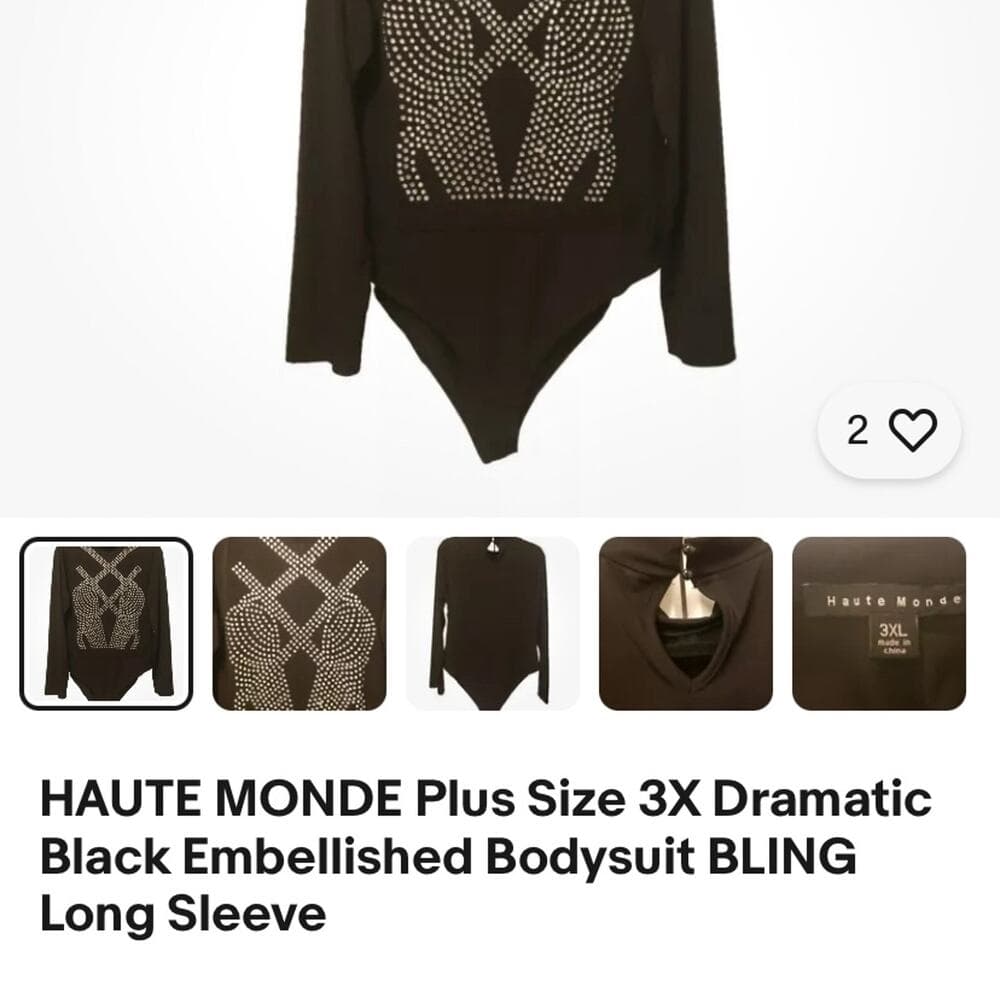 HAUTE MONDE Plus Size 3X Dramatic Black Embellished Bodysuit BLING Long Sleeve