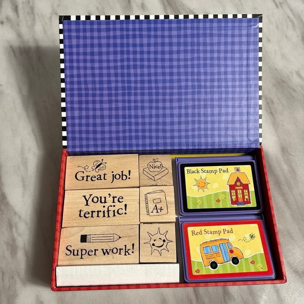 School Teacher RUBBER STAMPS & INK W STORAGE BOX NEW