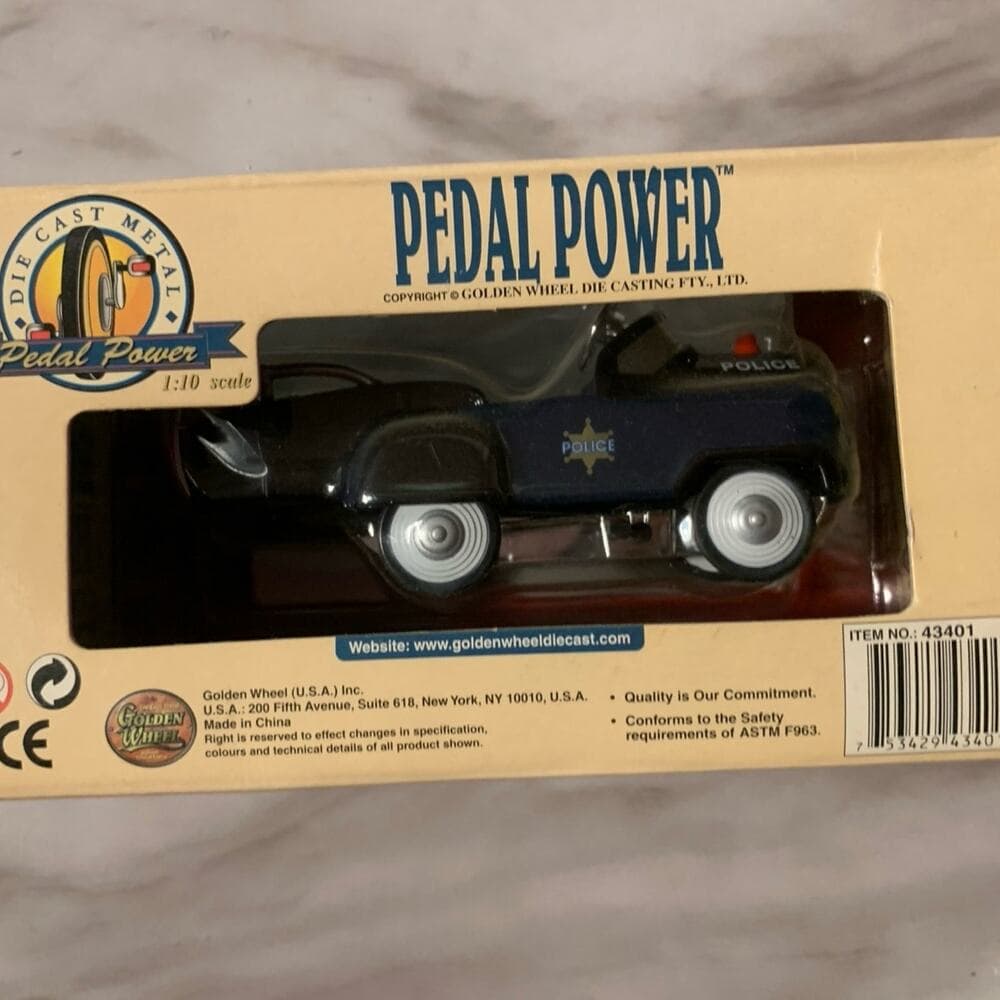 Vtg Die Cast Metal Golden Wheel Pedal Power DarkBlue Police Tow Truck Toy