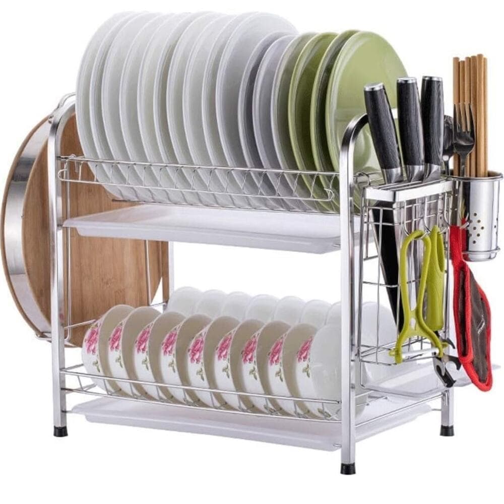 304 Stainless Steel 2-Tier Dish Drainer Rack with Utensil Chopsticks Rack