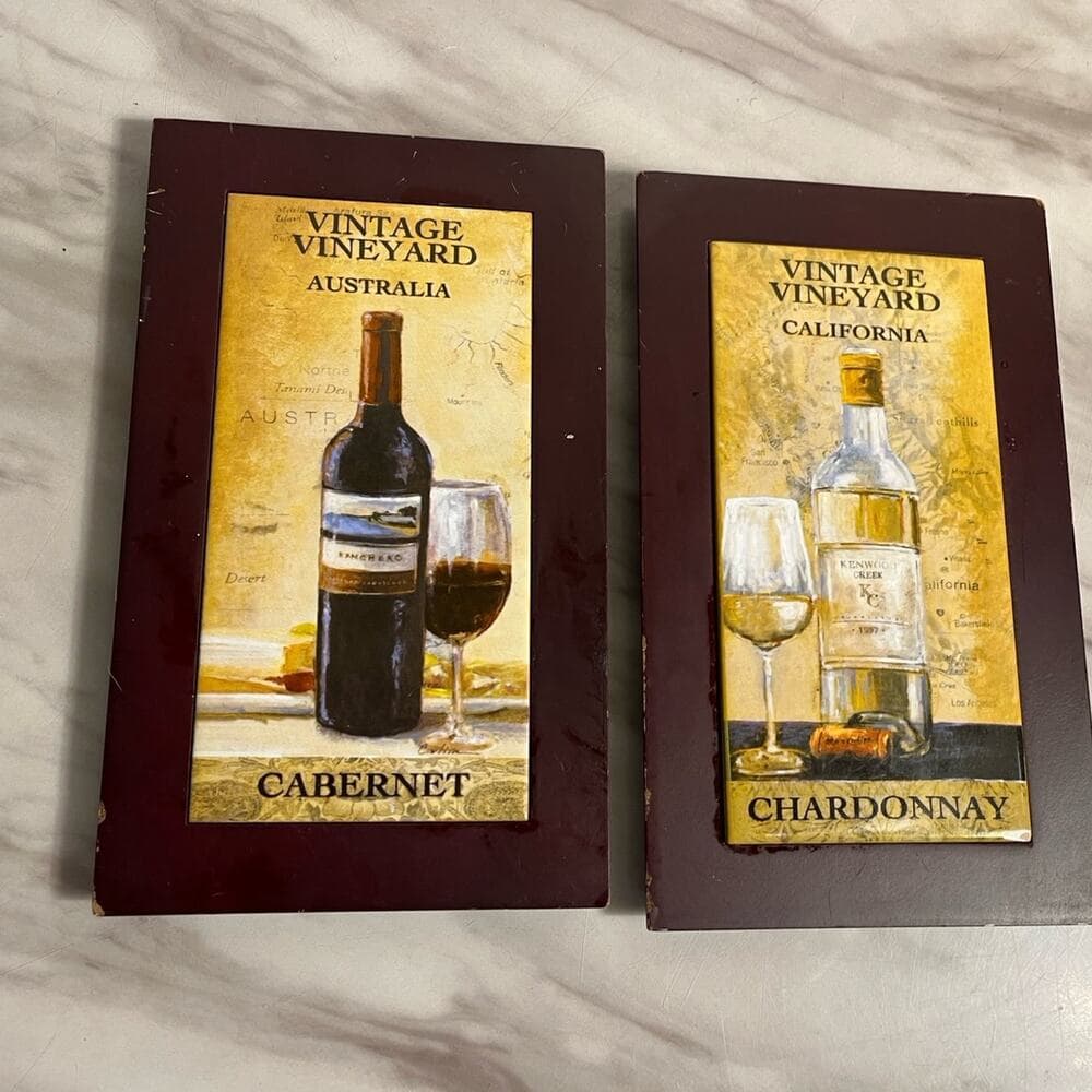 2- Vintage Vineyard Wine Plaques Cherry Wood Wall