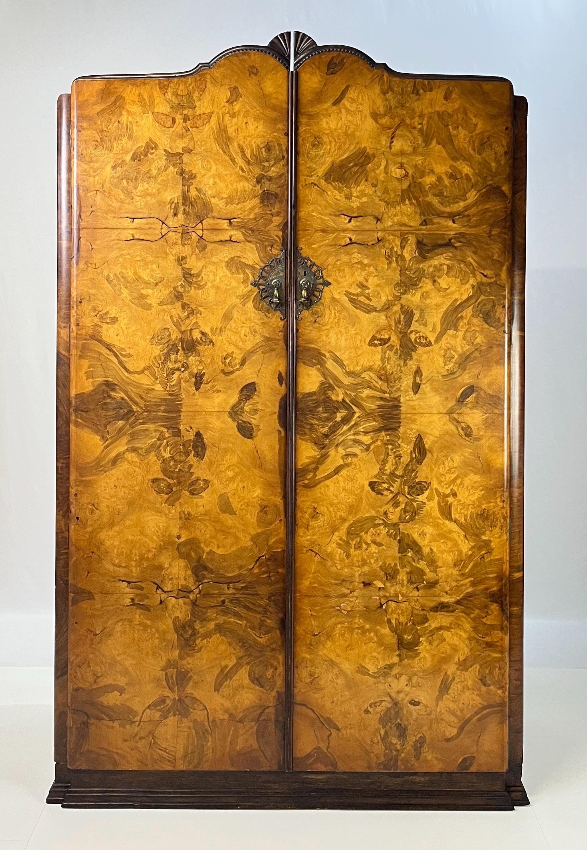 English Art Deco Book-Matched Burl Walnut Wardrobe