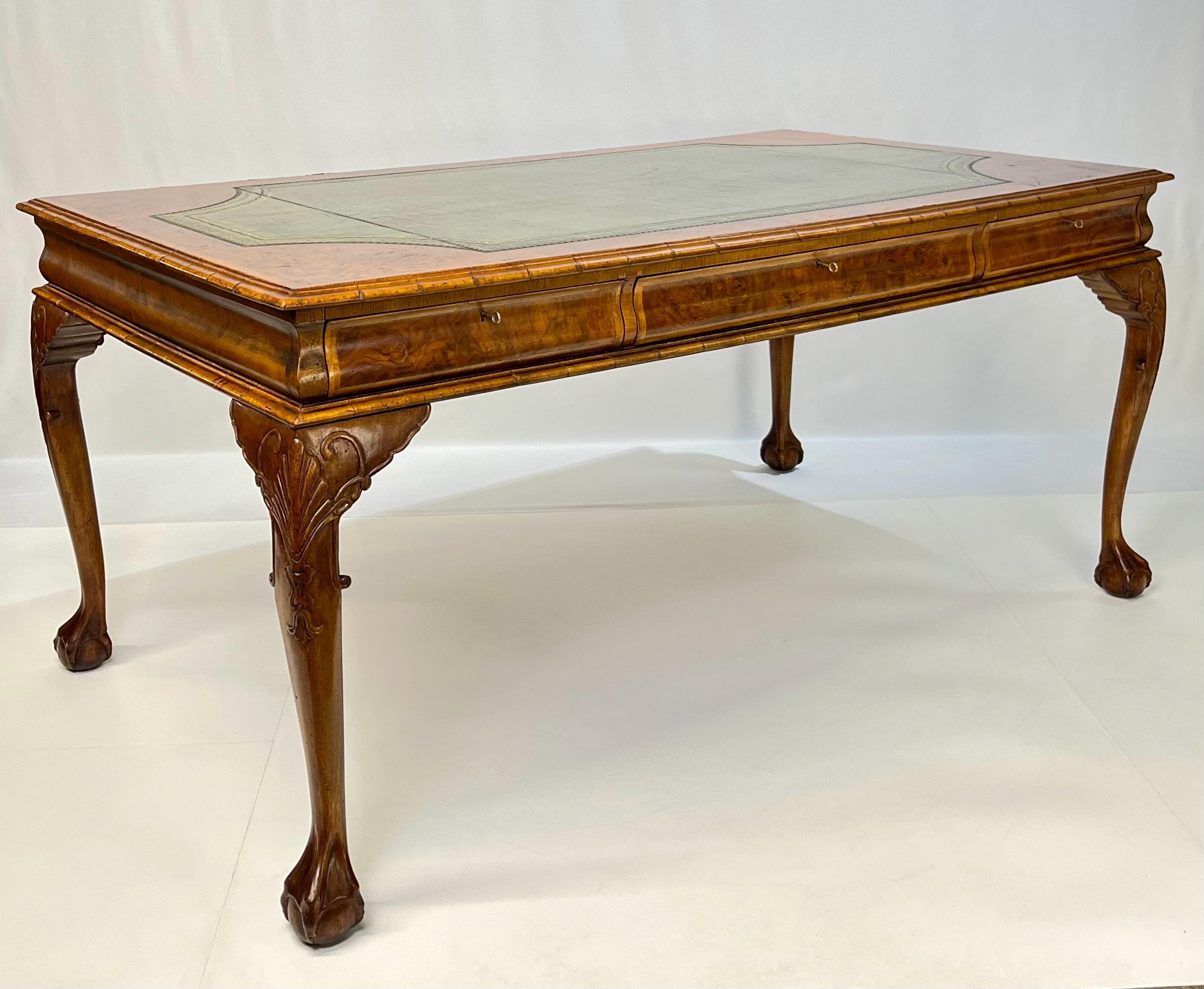 Large English Chippendale Style Burl Walnut Partners Desk With Ogee Molded Drawers