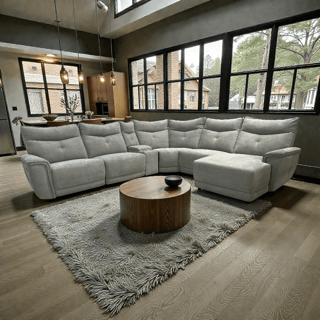 Latitude Run Achernar Modern & Contemporary Textured Fabric Double Reclining Sectional Sofa with Flexible 6-Piece Modular Design, Integrated Console with Stainless Steel Cupholders