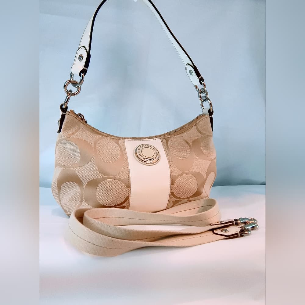 COACH Vintage (2012) Signature Stripe Demi Hobo Style Shoulder Bag, Style F19218