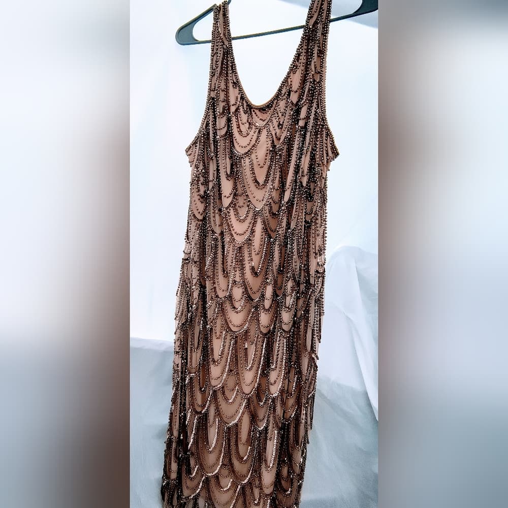 Chic Beaded Tan Midi Dress