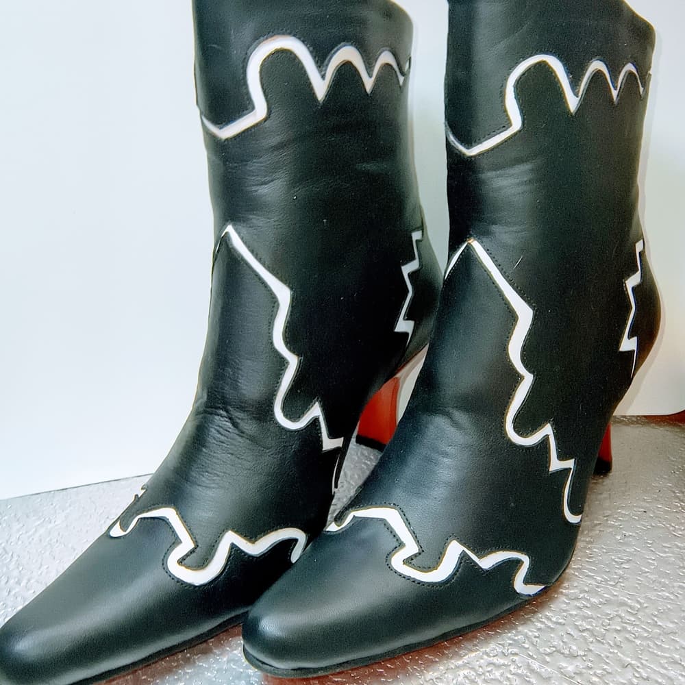 ROCKWELL THARP Vibrant Black & White Heeled Boots with Glossy Red Accents