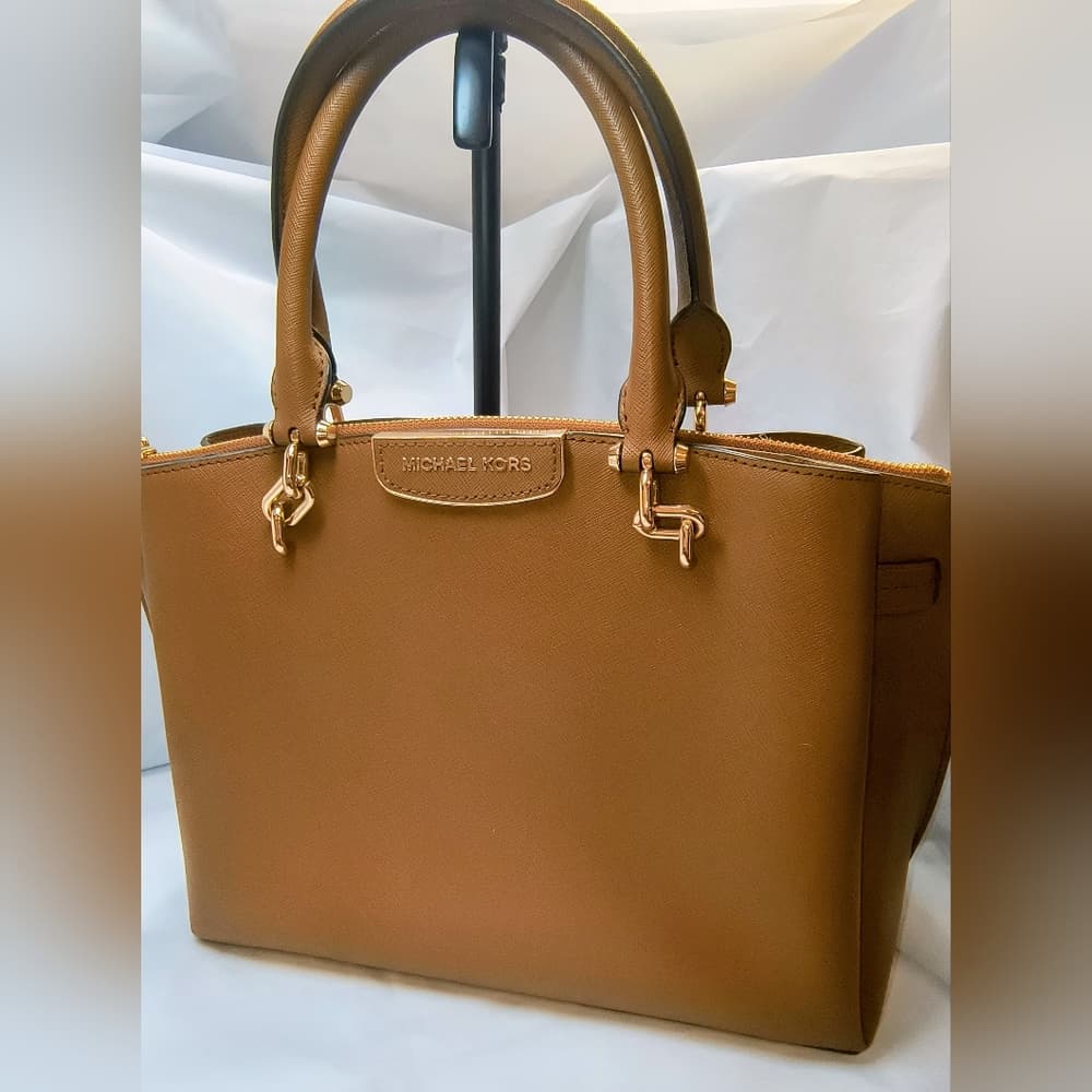 MICHAEL KORS Rochelle Satchel in Cognac Saffino Leather with Gold-toned Hardware