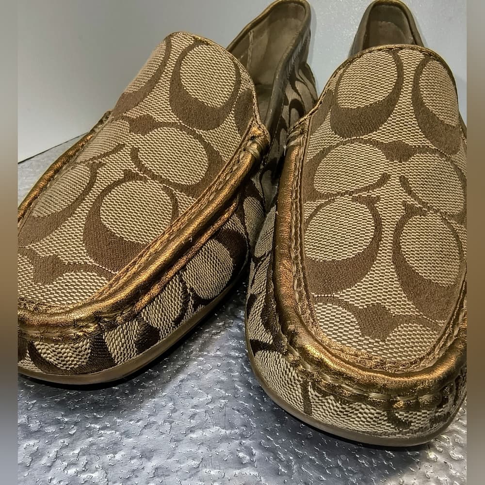 COACH Sheela Canvas Flat Loafers with Signature Monogram with Gold-toned Trim