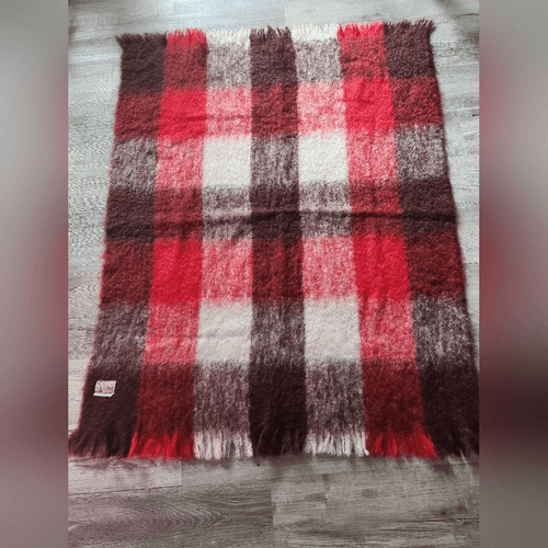 Vintage Mid Century Glen Cree Red and Brown Plaid 100% Mohair Throw Blanket