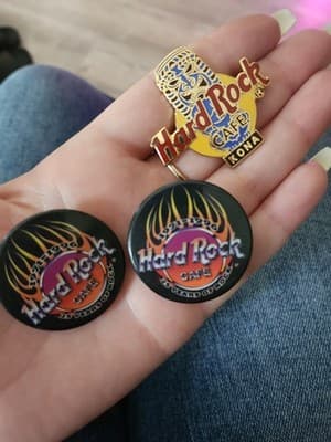 3 Lot of Hard Rock Cafe Pins and Buttons Kona and Anniversary Pins