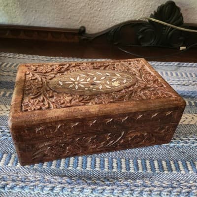 Mid Century Intricately Carved Wooden Jewelry Box With Shell Inlay