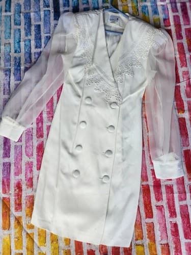 Vintage Scarlette White Double Breasted Lace Collar Sheer Sleeve Formal Dress