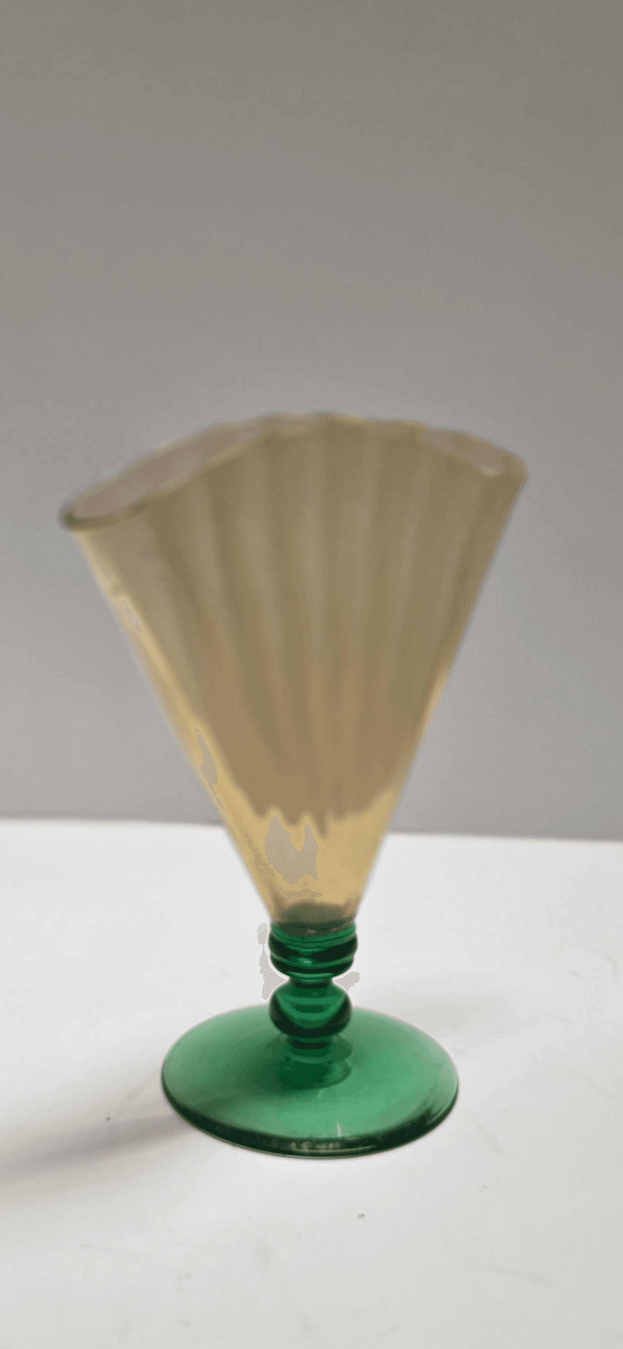 Vintage Steuben Art Glass Fan Vase 6287 Amber Optic Ribbed Pomona Green Foot Dec