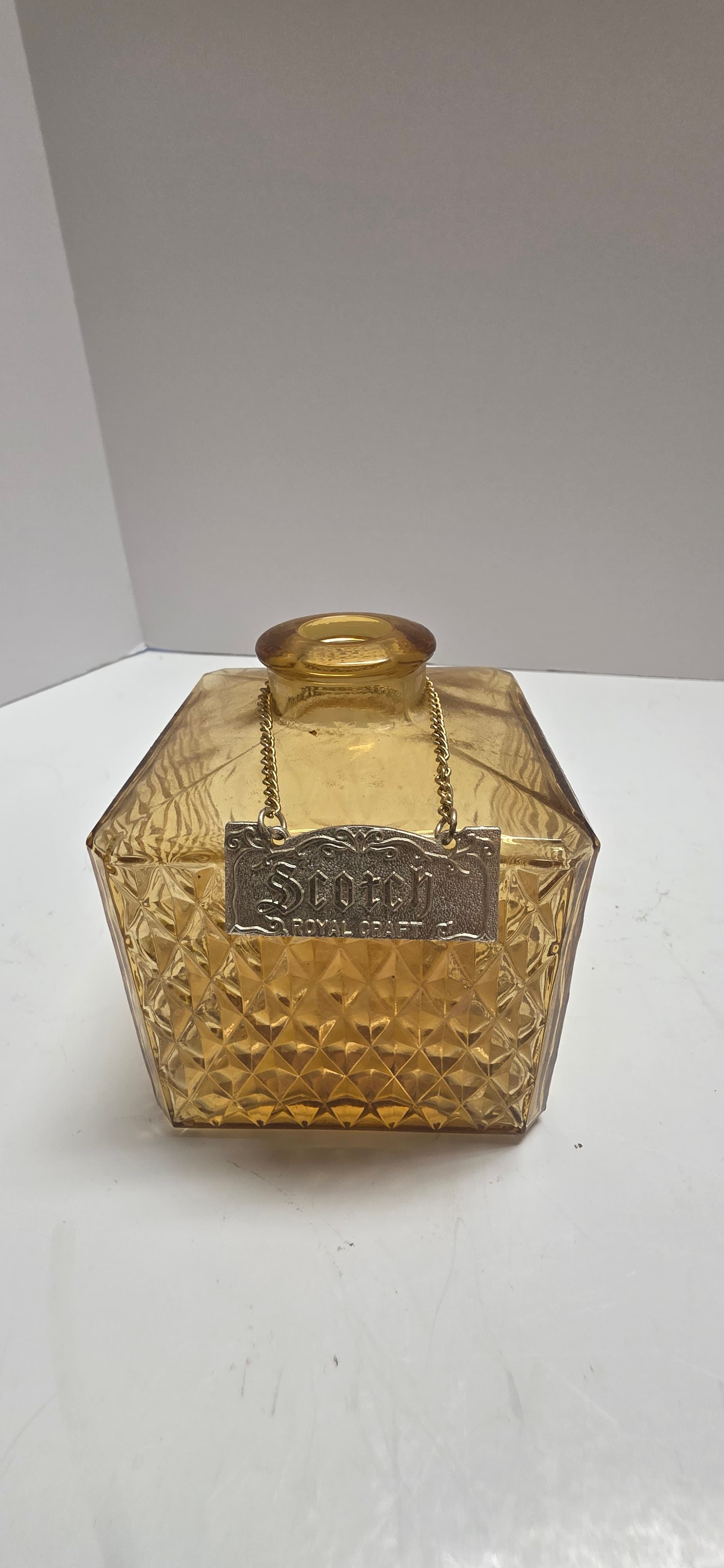 Vintage Royal Craft Amber Glass Decanter Scotch Bottle Diamond Point Square 70s