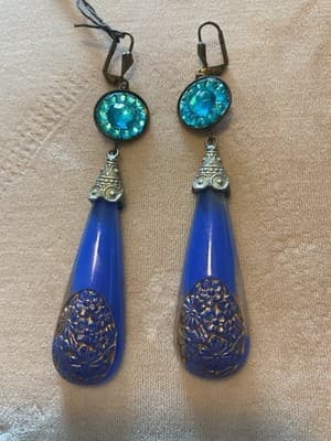 Antique Victorian BOHEMIAN Blue Glass Dangle Earrings 2” CZECH Signed