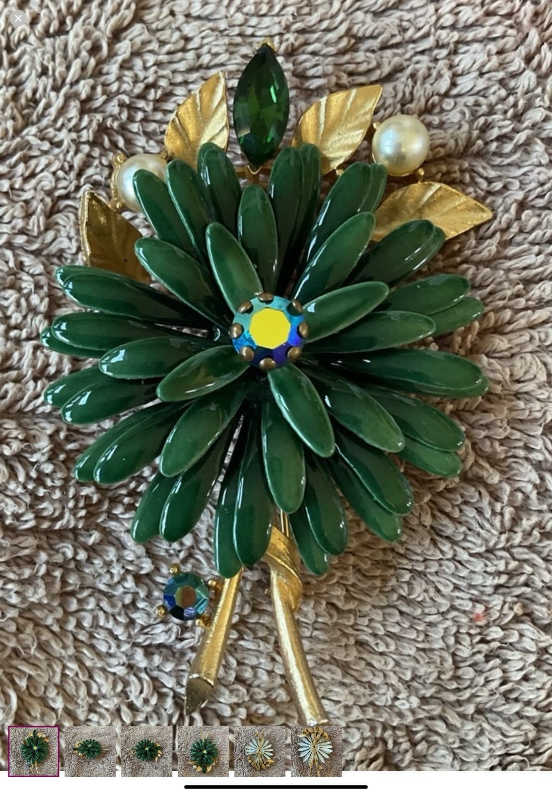 Lisner 1950s METAL ENAMEL RHINESTONES & PEARLS FLOWER BROOCH Excellent Condition