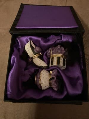 Porcelain Hinged Trinket Boxes Set of 3 Mud Pie Pillbox Hat Shoe Purse Orig Box