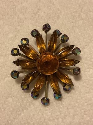 Vintage 1930’s Brilliant Amber Rhinestones & Aurora Borealis Rhinestones Brooch