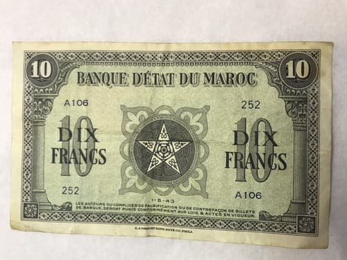 1943 Morocco 10 Franc Note
