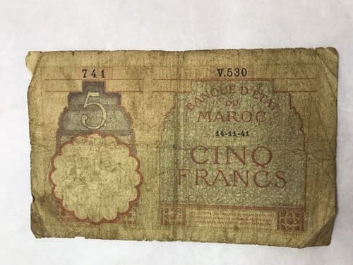 1941 Morocco 5 Franc Note