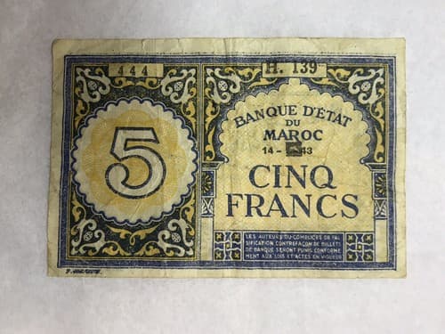 1943 Morocco 5 Franc Note