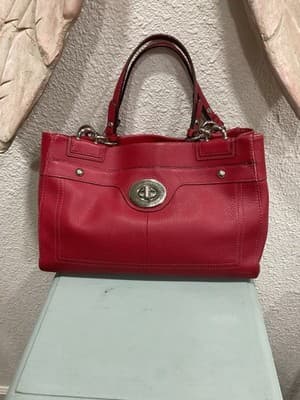 Coach Red Pebbled Leather Turn Lock Double Handles Satchel Shoulder Bag