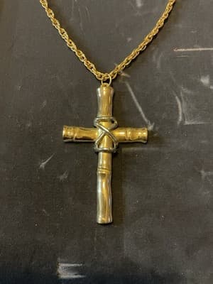 Vintage Silver And Gold Like Large Cross And 22” Chain Necklace