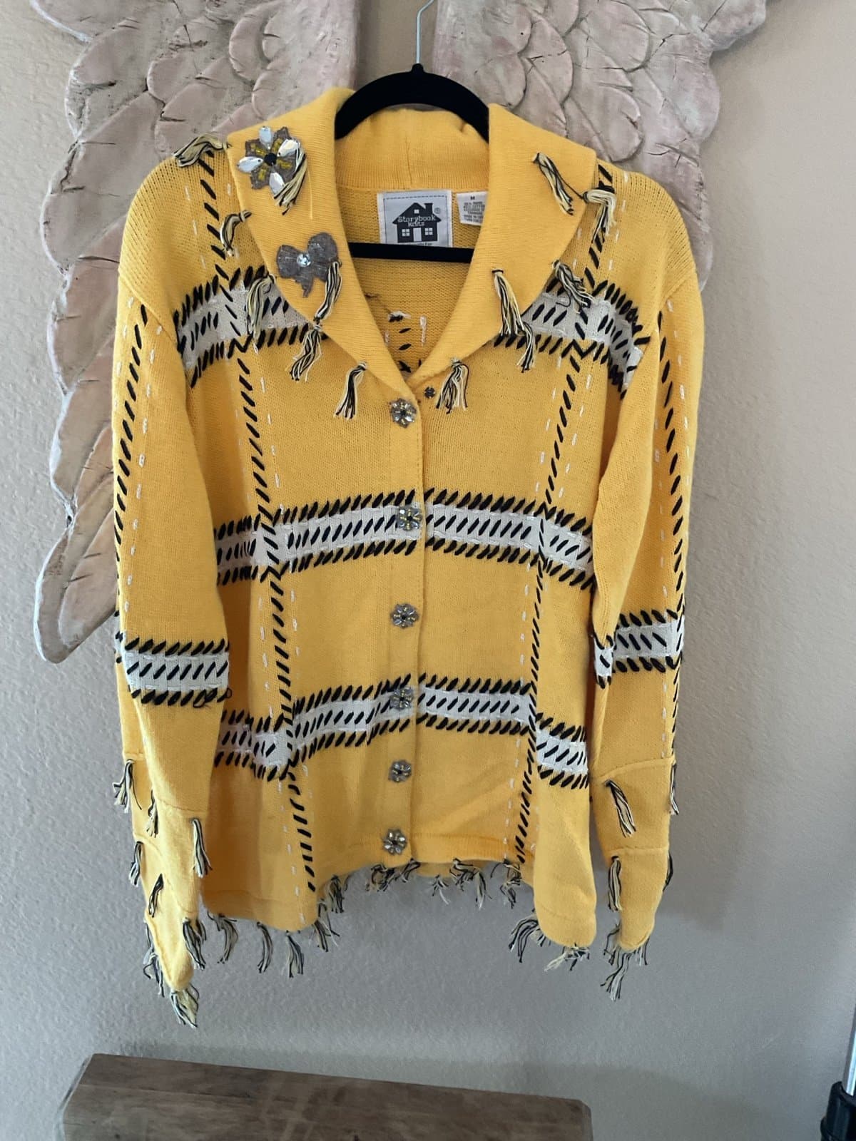 Fabulous Yellow And Black Plaid Boho Taxi Storybook Sweater Size M