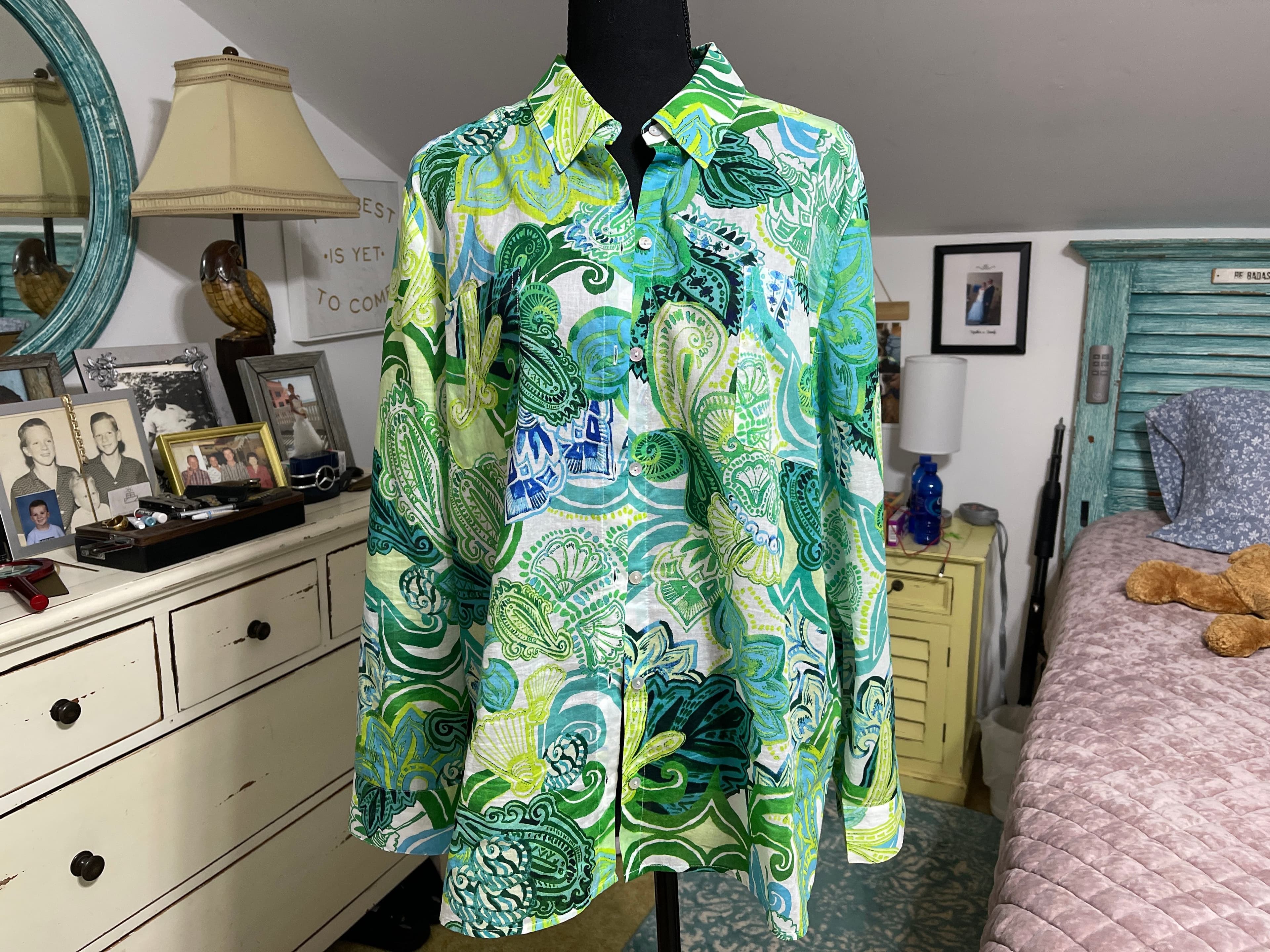 Chico's Women's Blouse Size 3x Green Blue Print