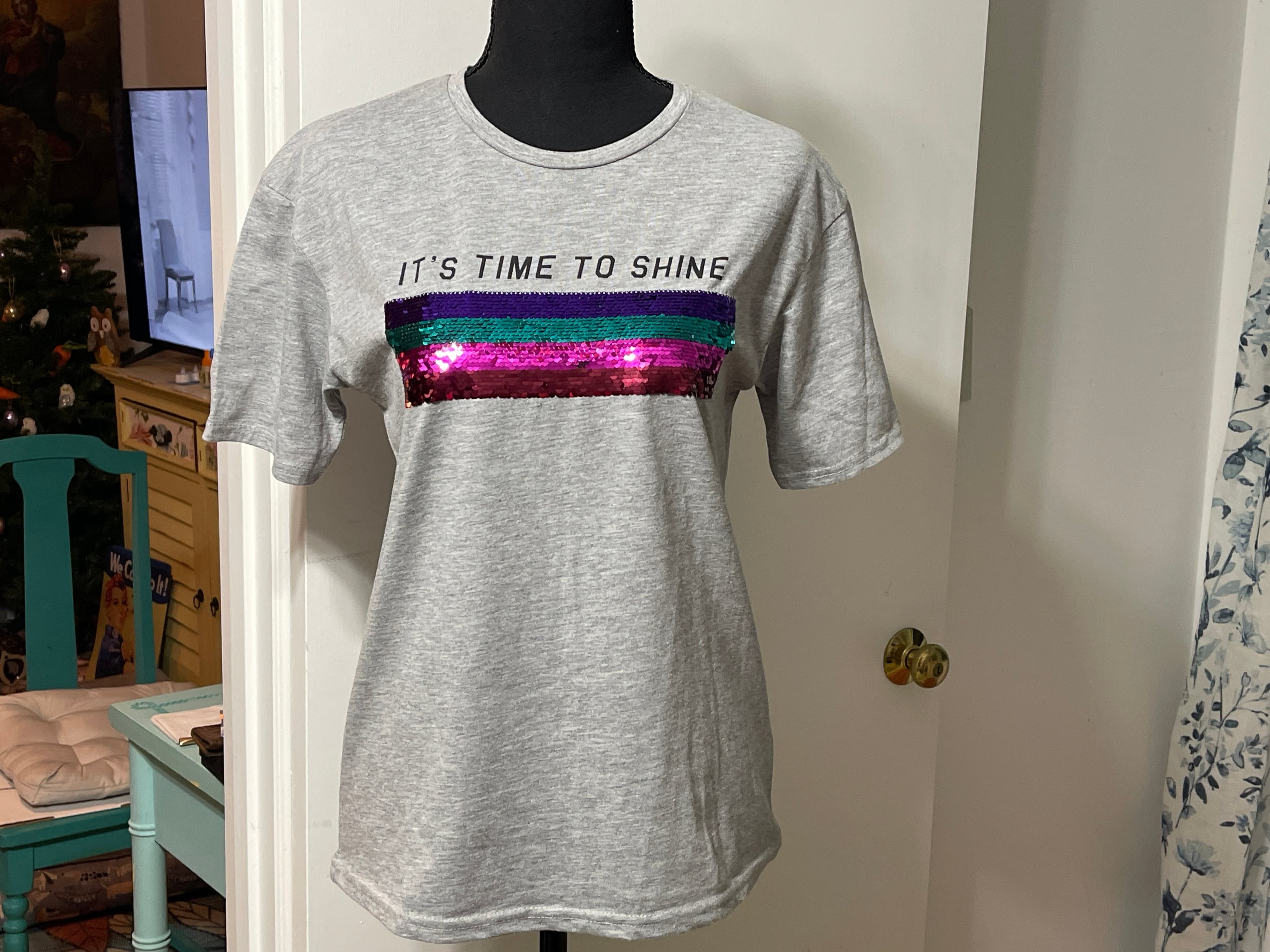 Sequin Embellished Grey T-Shirt with 'It's Time to Shine' Text