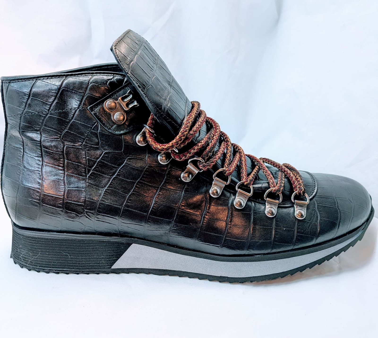 NEW PRADA Men's Black Crocodile Pattern Hiking Boots, Size 43