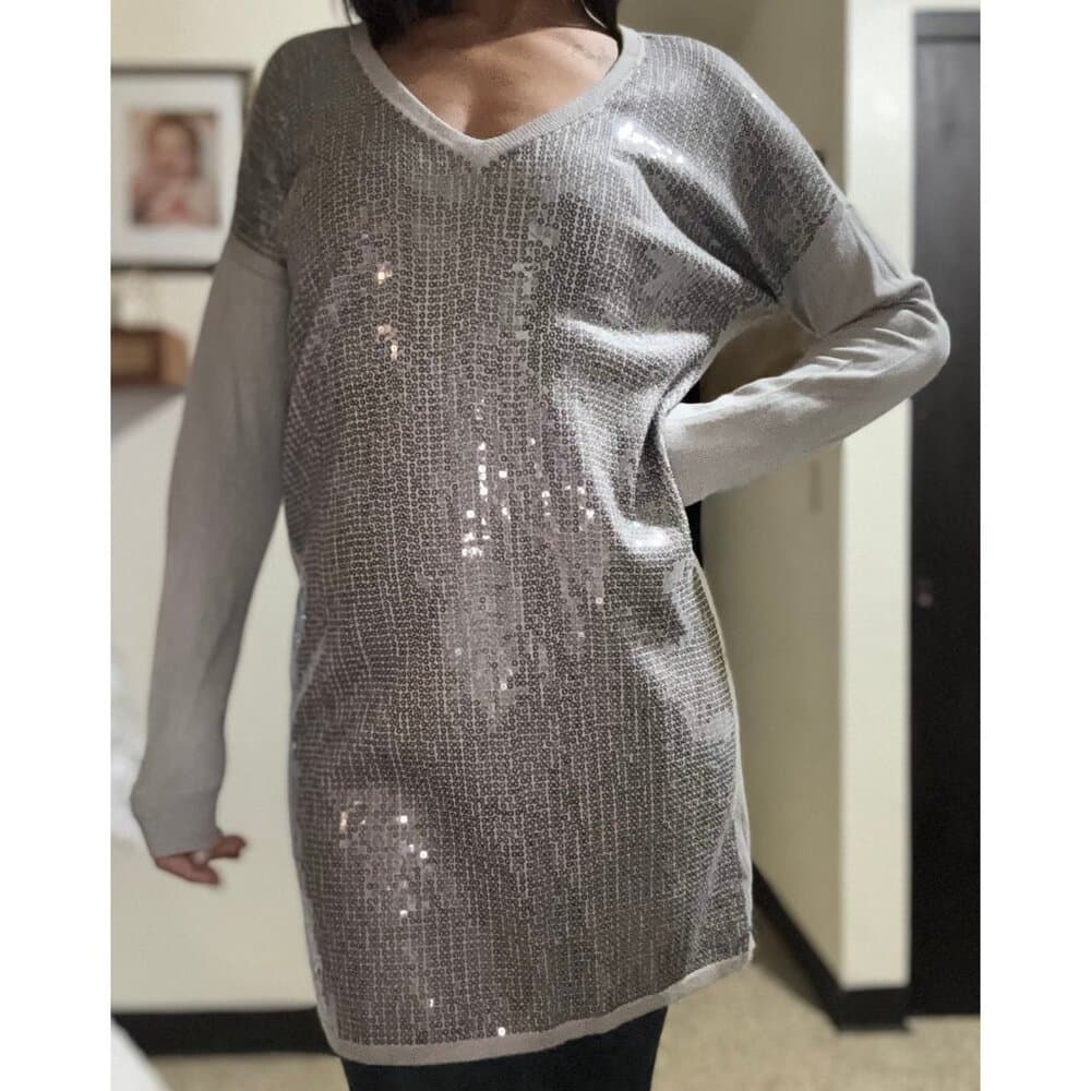 NWT Michael Kors gray sequined summer rayon knit mini long sleeves mini dres