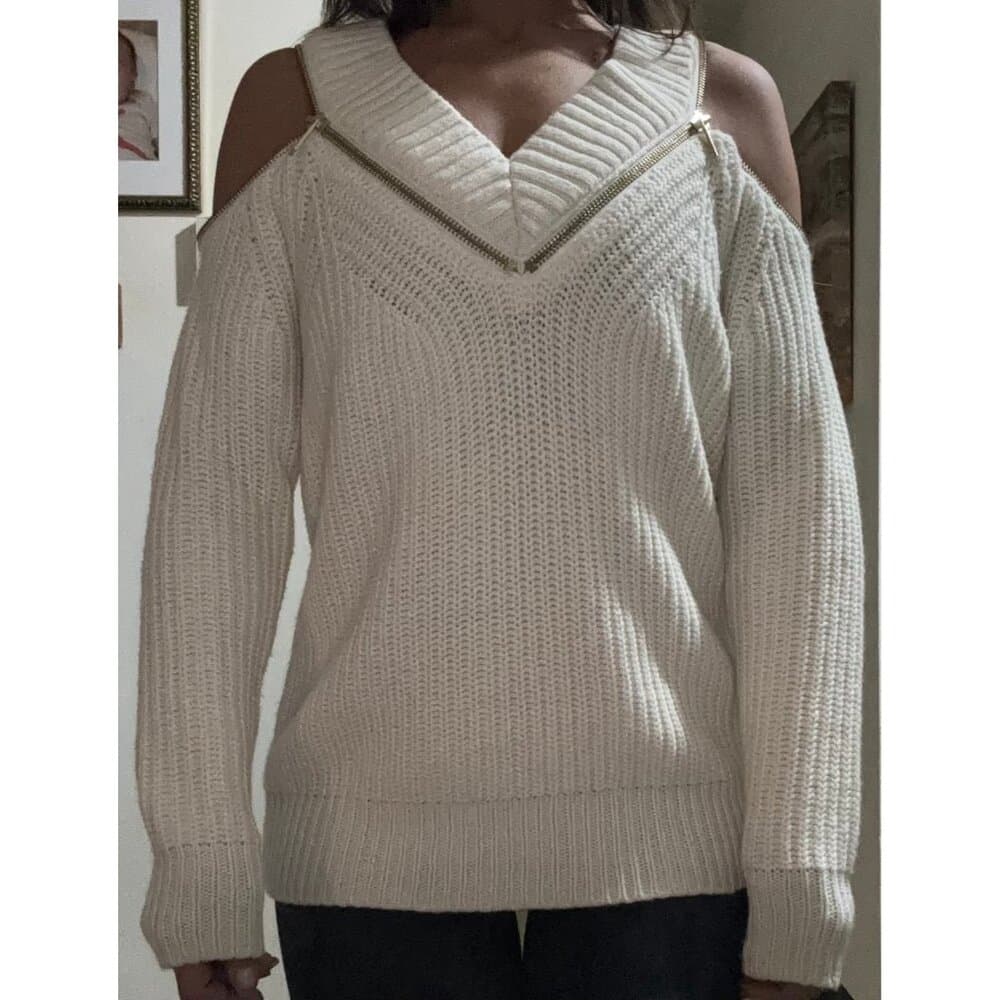 MICHAEL KORS Sweater Women's Size S white Zip Accent Cold Shoulder Knit Top