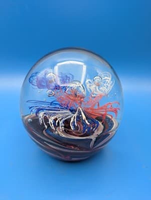 Blue and Red Glass Art Sphere Paperweight