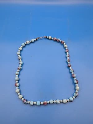 Vintage Necklace Hand Painted Sky Blue Pinkish Flower Beads Beautiful See Photos