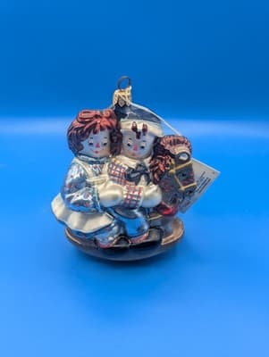 Vtg 1998 Kurt Adler Raggedy Ann & Andy On Rocking Horse Glass Christmas Ornament
