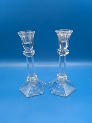 Candlestick Holders Lead Crystal Handblown 8.25" Tall Hexagon Base Set of 2