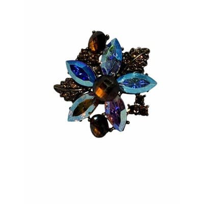 Vintage Aurora Borealis Rhinestone Floral Brooch Multicolor Crystal Pin 1"